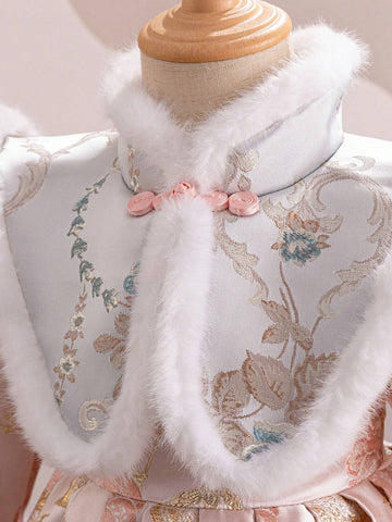 Young Girl' Orange Chinese New Year Dress, Traditional Jacquard Design Mini Qipao