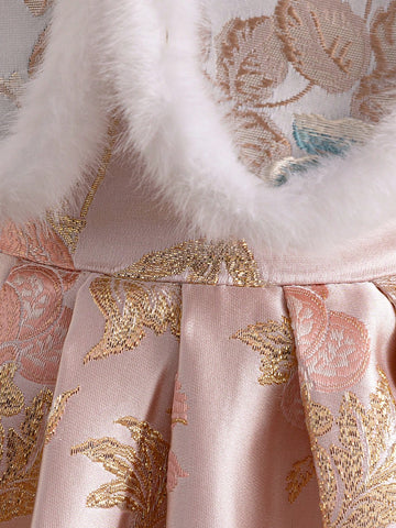 Young Girl' Orange Chinese New Year Dress, Traditional Jacquard Design Mini Qipao