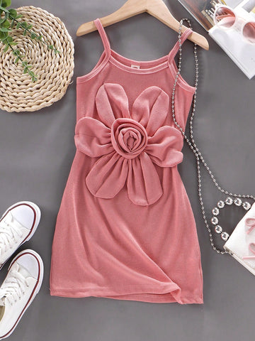 Young Girl' Orange Floral Sleeveless Knit Dress, Breathable Casual Summer Vacation Dress With Cute Big Flowers