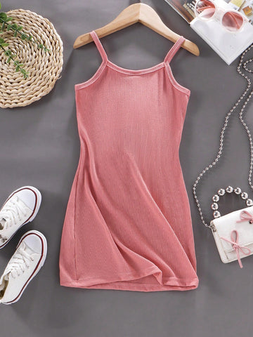 Young Girl' Orange Floral Sleeveless Knit Dress, Breathable Casual Summer Vacation Dress With Cute Big Flowers