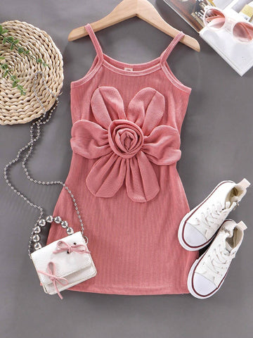 Young Girl' Orange Floral Sleeveless Knit Dress, Breathable Casual Summer Vacation Dress With Cute Big Flowers