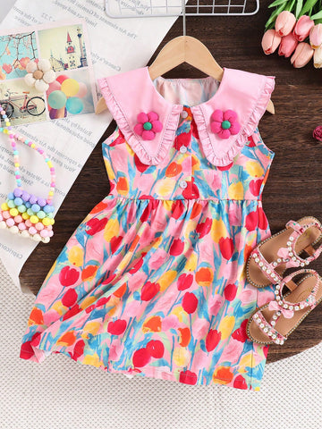 Young Girl Outdoor Casual Vacation Spring Outing Navy Collar Floral Embroidered Sleeveless Dress