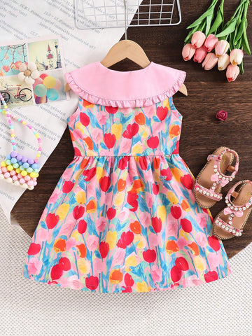 Young Girl Outdoor Casual Vacation Spring Outing Navy Collar Floral Embroidered Sleeveless Dress