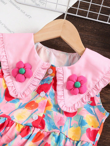 Young Girl Outdoor Casual Vacation Spring Outing Navy Collar Floral Embroidered Sleeveless Dress