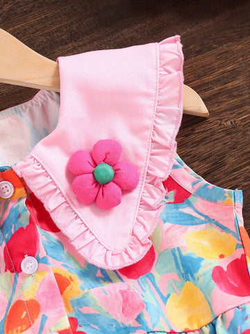 Young Girl Outdoor Casual Vacation Spring Outing Navy Collar Floral Embroidered Sleeveless Dress