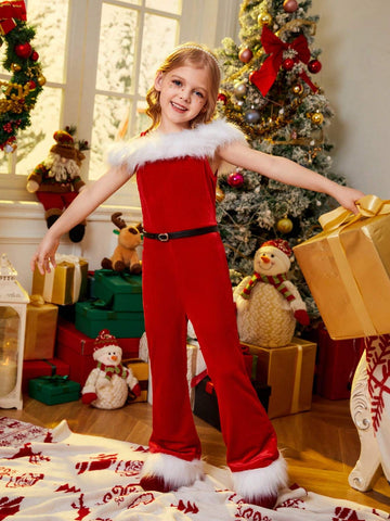 Young Girl Patchwork Furry Colorblock Jumpsuit, Spring/Fall