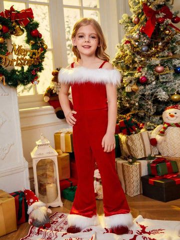 Young Girl Patchwork Furry Colorblock Jumpsuit, Spring/Fall