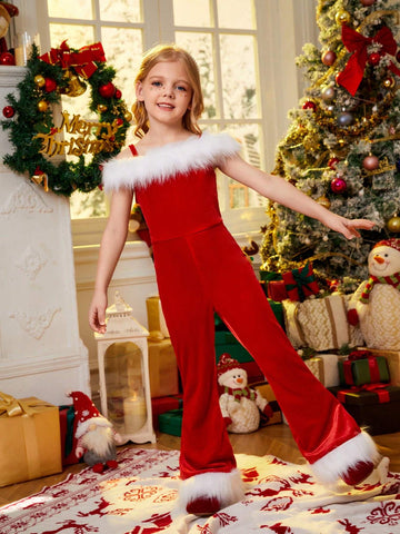 Young Girl Patchwork Furry Colorblock Jumpsuit, Spring/Fall