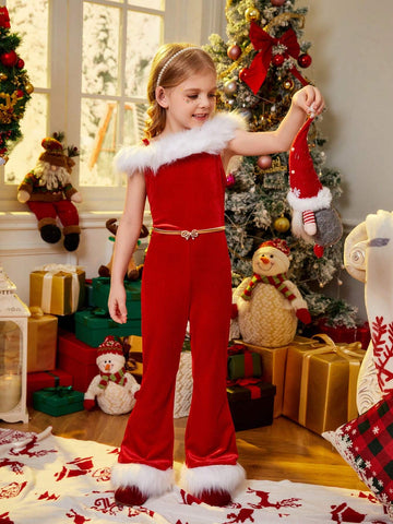 Young Girl Patchwork Furry Colorblock Jumpsuit, Spring/Fall