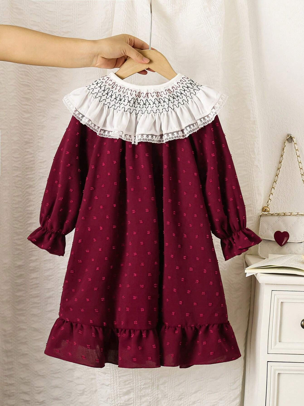 Young Girl Patchwork Ruffle Trim Long Sleeve Loose Cute Dress, Spring And Autumn