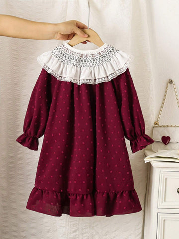 Young Girl Patchwork Ruffle Trim Long Sleeve Loose Cute Dress, Spring And Autumn