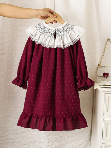 Young Girl Patchwork Ruffle Trim Long Sleeve Loose Cute Dress, Spring And Autumn