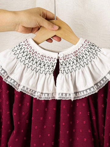 Young Girl Patchwork Ruffle Trim Long Sleeve Loose Cute Dress, Spring And Autumn