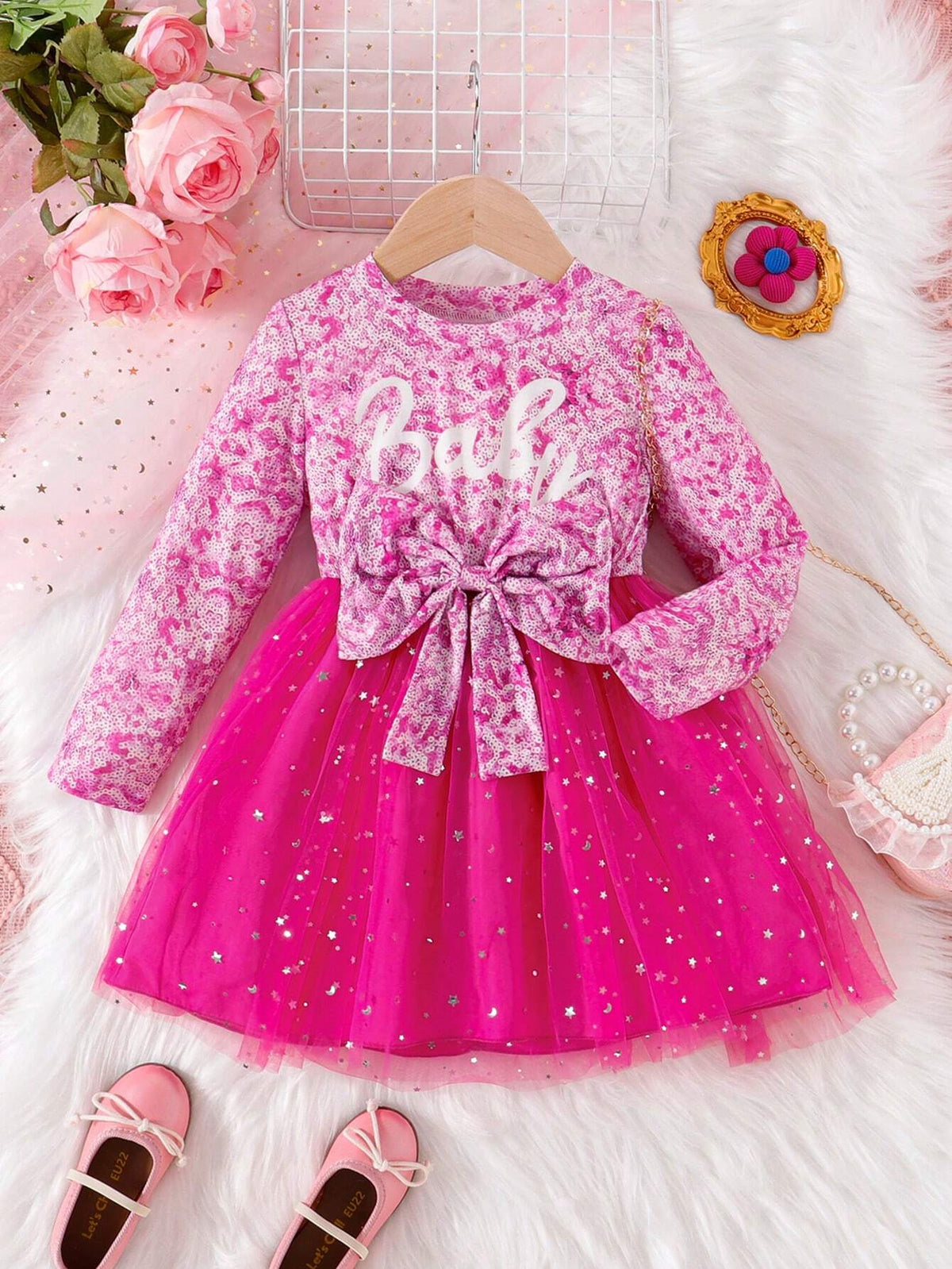Young Girl Pearl-Like Beaded Letter Print Bowknot Decor Mesh Patchwork Dress