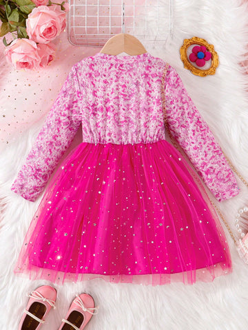 Young Girl Pearl-Like Beaded Letter Print Bowknot Decor Mesh Patchwork Dress