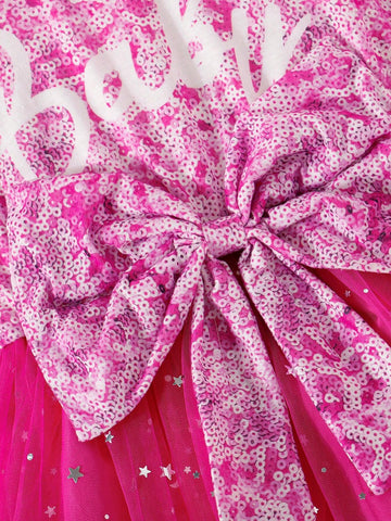 Young Girl Pearl-Like Beaded Letter Print Bowknot Decor Mesh Patchwork Dress