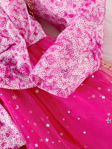 Young Girl Pearl-Like Beaded Letter Print Bowknot Decor Mesh Patchwork Dress