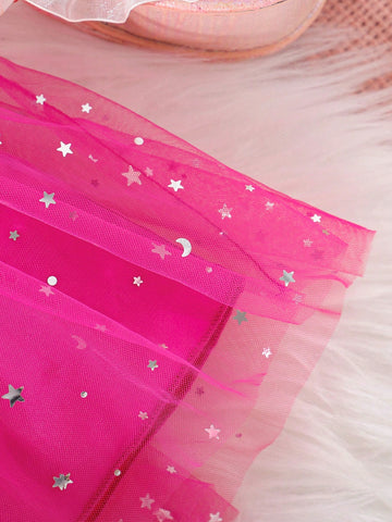 Young Girl Pearl-Like Beaded Letter Print Bowknot Decor Mesh Patchwork Dress