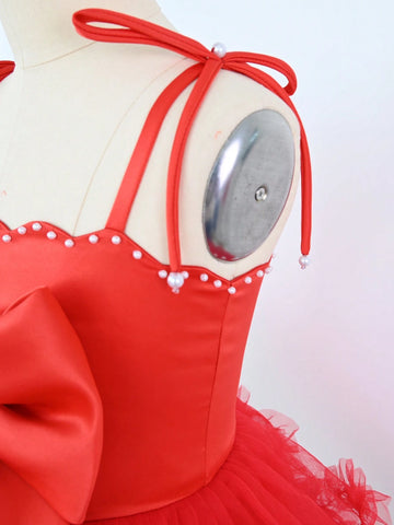 Young Girl Pearl Decor Bow Knot Off-Shoulder Heavy-Duty Mesh Spaghetti Strap Lace Satin Patchwork Cute & Elegant Prom Dress