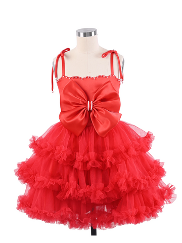 Young Girl Pearl Decor Bow Knot Off-Shoulder Heavy-Duty Mesh Spaghetti Strap Lace Satin Patchwork Cute & Elegant Prom Dress