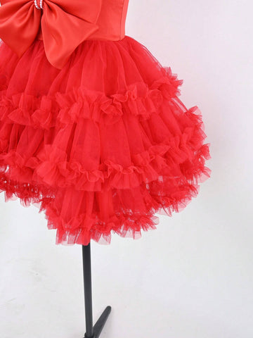 Young Girl Pearl Decor Bow Knot Off-Shoulder Heavy-Duty Mesh Spaghetti Strap Lace Satin Patchwork Cute & Elegant Prom Dress