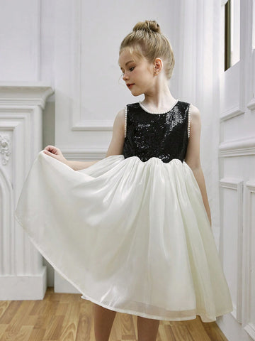 Young Girl Pearl & Glitter Mesh Formal Dress, Colorblock Princess Party Dress