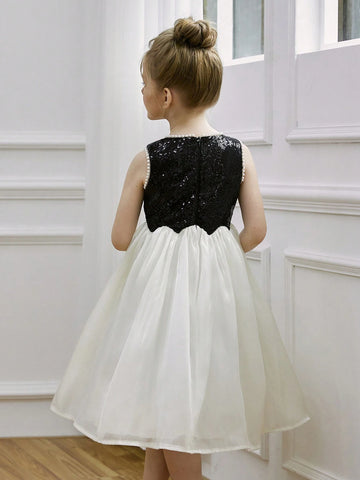 Young Girl Pearl & Glitter Mesh Formal Dress, Colorblock Princess Party Dress