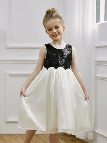 Young Girl Pearl & Glitter Mesh Formal Dress, Colorblock Princess Party Dress