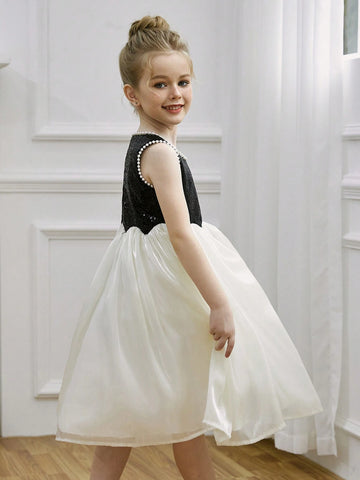 Young Girl Pearl & Glitter Mesh Formal Dress, Colorblock Princess Party Dress