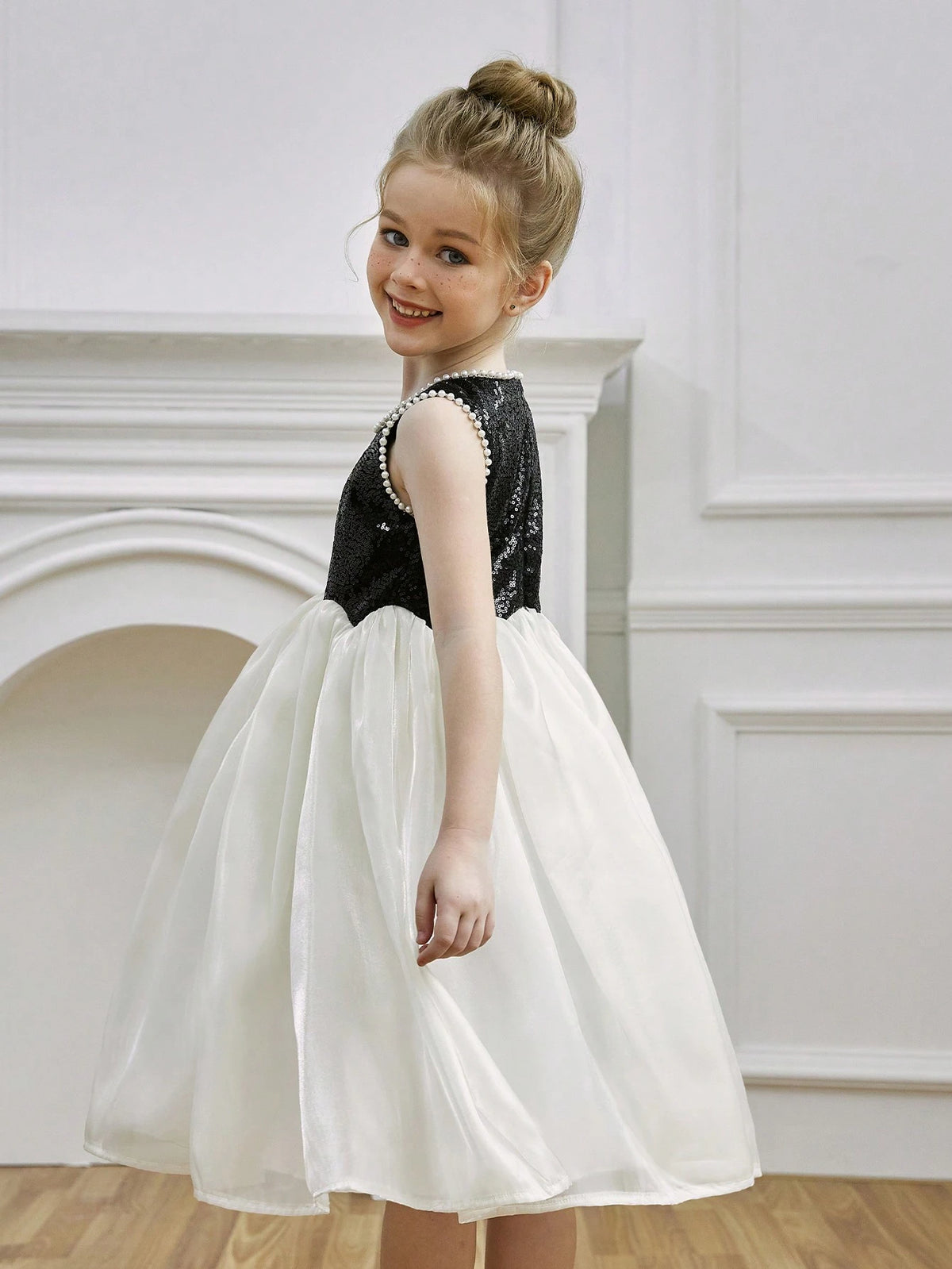 Young Girl Pearl & Glitter Mesh Formal Dress, Colorblock Princess Party Dress