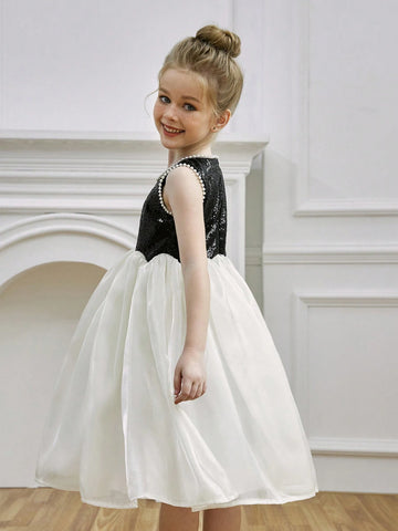 Young Girl Pearl & Glitter Mesh Formal Dress, Colorblock Princess Party Dress