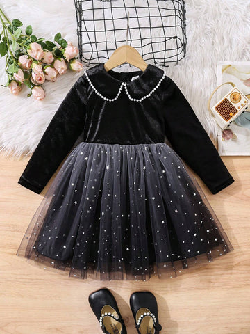 Young Girl Peter Pan Collar Long Sleeve Sequined Five-Pointed Star Mesh Hem Cute Dress