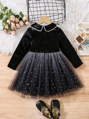 Young Girl Peter Pan Collar Long Sleeve Sequined Five-Pointed Star Mesh Hem Cute Dress