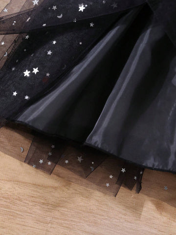 Young Girl Peter Pan Collar Long Sleeve Sequined Five-Pointed Star Mesh Hem Cute Dress