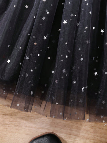 Young Girl Peter Pan Collar Long Sleeve Sequined Five-Pointed Star Mesh Hem Cute Dress