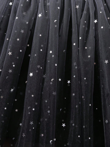 Young Girl Peter Pan Collar Long Sleeve Sequined Five-Pointed Star Mesh Hem Cute Dress