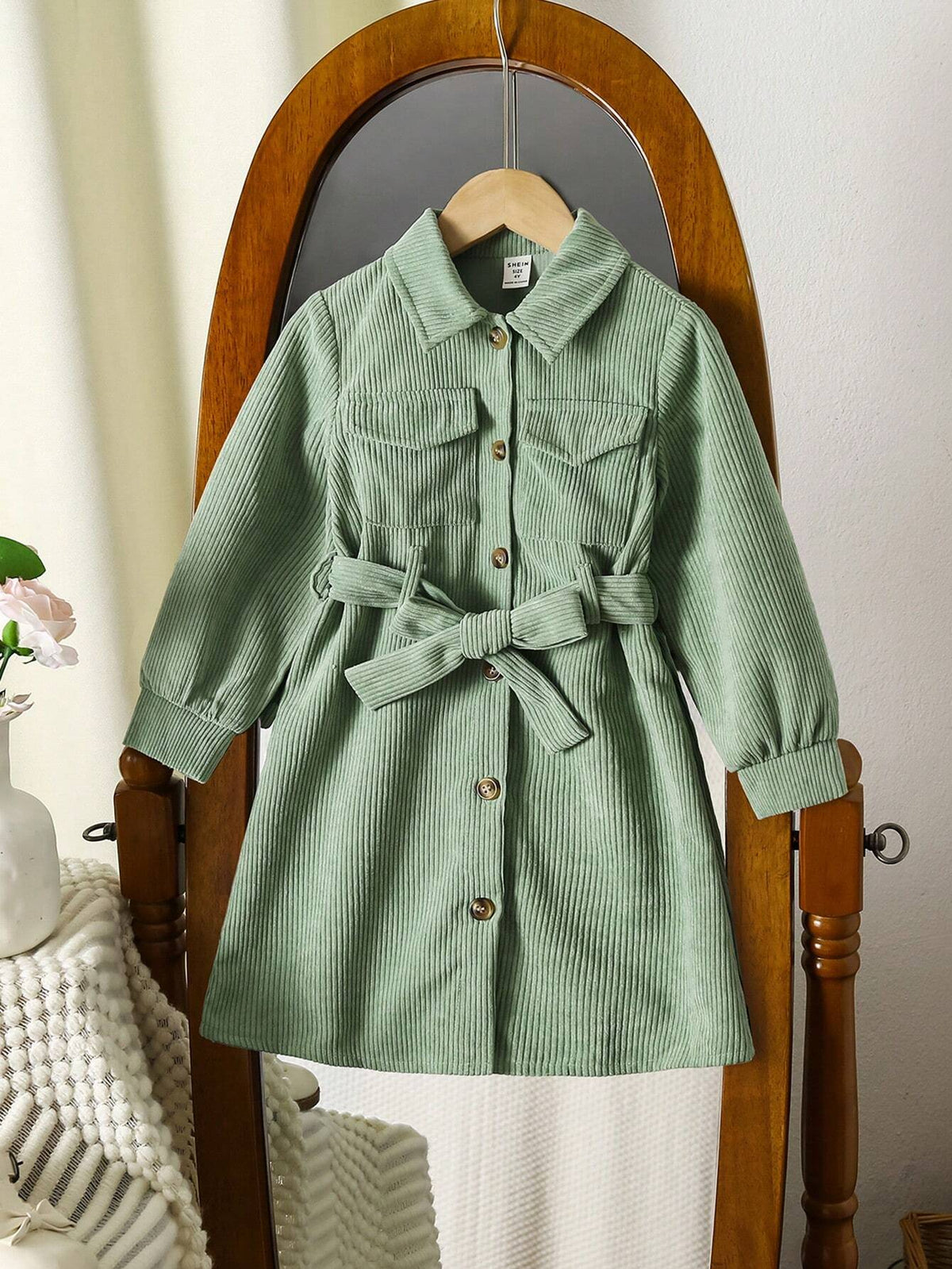 Young Girl Peter Pan Collar Solid Color Long Sleeve Button Front Pocket Casual Dress