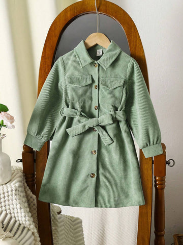 Young Girl Peter Pan Collar Solid Color Long Sleeve Button Front Pocket Casual Dress
