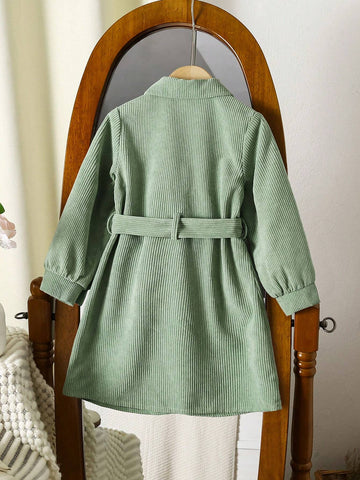 Young Girl Peter Pan Collar Solid Color Long Sleeve Button Front Pocket Casual Dress