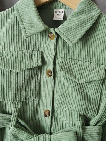 Young Girl Peter Pan Collar Solid Color Long Sleeve Button Front Pocket Casual Dress