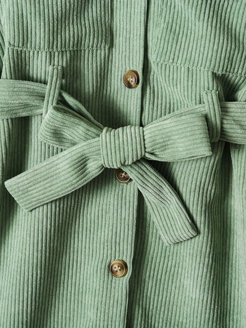 Young Girl Peter Pan Collar Solid Color Long Sleeve Button Front Pocket Casual Dress