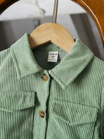 Young Girl Peter Pan Collar Solid Color Long Sleeve Button Front Pocket Casual Dress