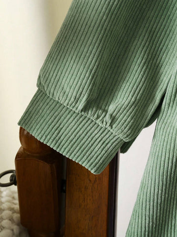 Young Girl Peter Pan Collar Solid Color Long Sleeve Button Front Pocket Casual Dress