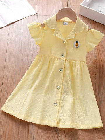 Young Girl Pineapple Embroidery Lapel Short Sleeve Polo Casual Dress, Summer