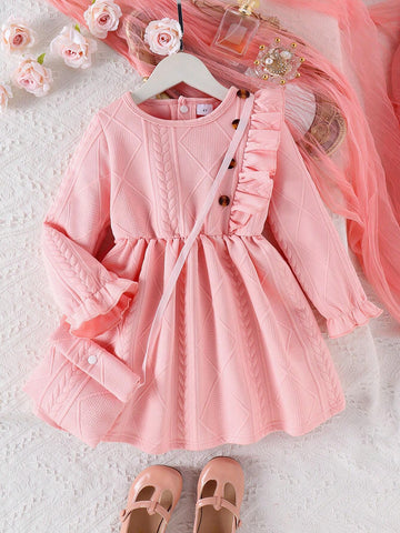 Young Girl Pink Button-Decorated Lace Dress With Matching Purse