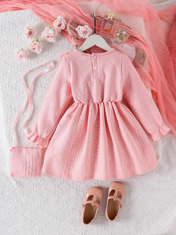 Young Girl Pink Button-Decorated Lace Dress With Matching Purse