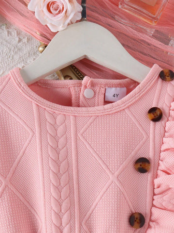 Young Girl Pink Button-Decorated Lace Dress With Matching Purse