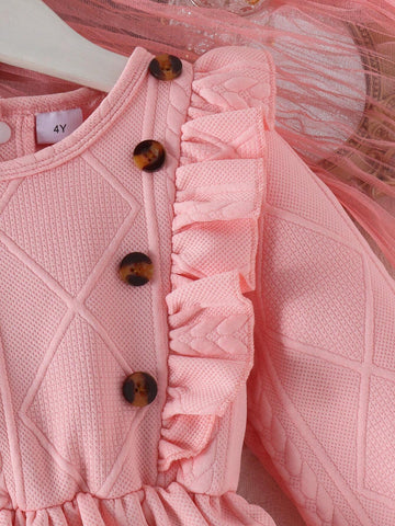 Young Girl Pink Button-Decorated Lace Dress With Matching Purse