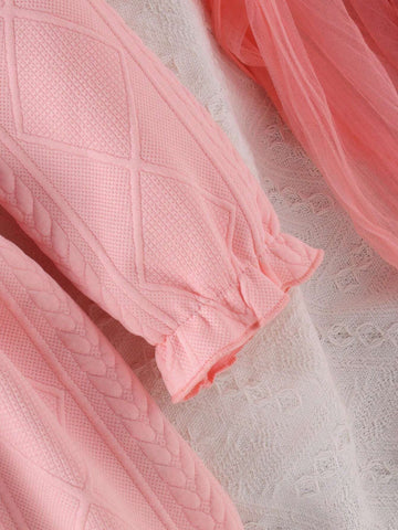 Young Girl Pink Button-Decorated Lace Dress With Matching Purse