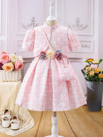 Young Girl Pink Elegant And Jacquard Fabric With Floral Reliefs, Short-Sleeved Open Jacket Stand Collar And Puff Sleeves, Pleated Bubble Skirt With Crossbody Bag - 2pcs Set, Spring And Summer Holidays, Gatherings, Parties, Weddings, And Outings.